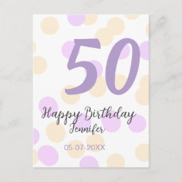 50歳の誕生日 名前 日付 紫 オレンジ 水玉模様を追加 ポストカード