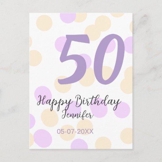 50歳の誕生日 名前 日付 紫 オレンジ 水玉模様を追加 ポストカード (正面)