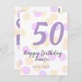 50歳の誕生日 名前 日付 紫 オレンジ 水玉 ポストカード (正面/裏面)