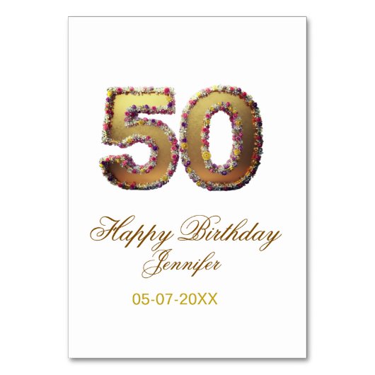 50歳の誕生日 名前 日付 西暦入り ゴールド フラワー ボールド体 テーブルナンバー (正面)