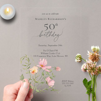 50歳の誕生日 女性らしい水彩の野の花 アクリル招待状