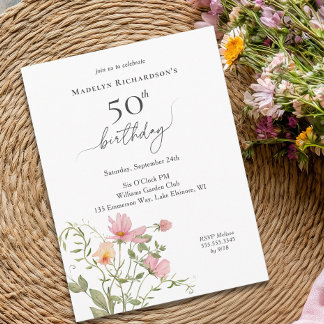 50歳の誕生日 女性らしい水彩の野の花 インビテーションポストカード