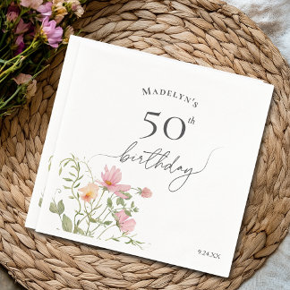 50歳の誕生日 女性らしい水彩の野の花 スタンダードカクテルナプキン