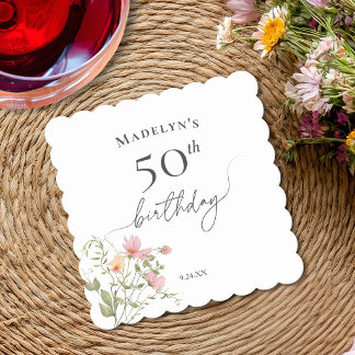 50歳の誕生日 女性らしい水彩の野の花 ペーパーコースター