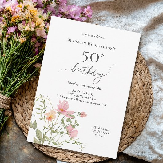 50歳の誕生日 女性らしい水彩の野の花 招待状