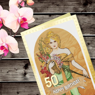 50歳の誕生日、春の女神、ムハ、ヴィンテージアート 箔グリーティングカード