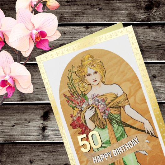 50歳の誕生日、春の女神、ムハ、ヴィンテージアート 箔グリーティングカード