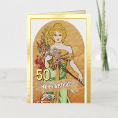 50歳の誕生日、春の女神、ムハ、ヴィンテージアート 箔グリーティングカード (正面)