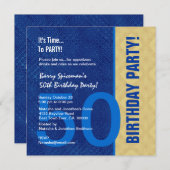 50歳の誕生日 現代のロイヤルブルーとゴールド V02 招待状 (正面/裏面)