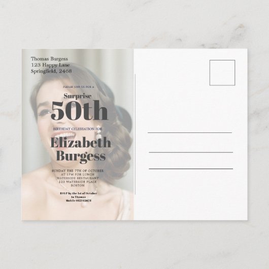 50歳の誕生日 現代の写真サプライズ ポストカード (裏面)
