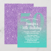 50歳の誕生日 現代的な紫とターコイズグリッターオンブレ 招待状 (正面/裏面)