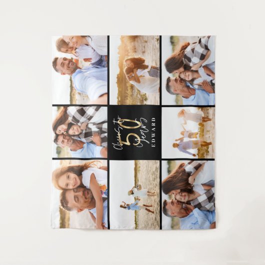 50歳の誕生日 現代的な黒と金のフォトコラージュ タペストリー (正面)