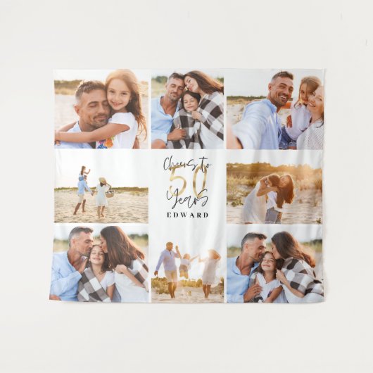 50歳の誕生日 現代的な黒と金のフォトコラージュ タペストリー (正面(横))