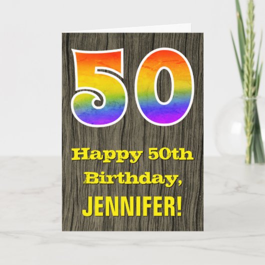 50歳の誕生日:素朴な偽の木の質感、虹色の"50" カード (正面)
