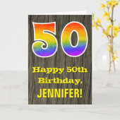 50歳の誕生日:素朴な偽の木の質感、虹色の"50" カード (黄色い花)