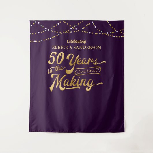 50歳の誕生日 紫と金色の写真用背景 タペストリー (正面)