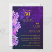 50歳の誕生日 紫の花模様 ゴールド おしゃれ 招待状 (正面)