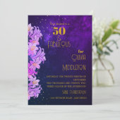 50歳の誕生日 紫の花模様 ゴールド おしゃれ 招待状 (スタンド正面)