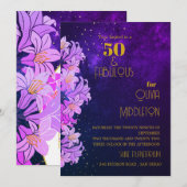50歳の誕生日 紫の花模様 ゴールド おしゃれ 招待状 (正面/裏面)