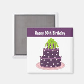 50歳の誕生日 - 紫色のドットケーキ マグネット (正面/裏面)