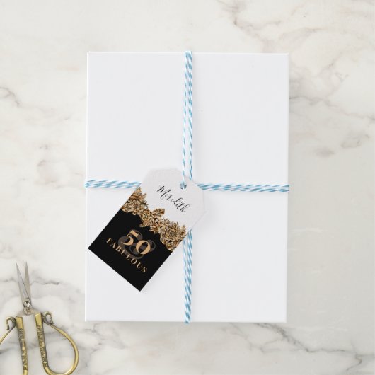 50歳の誕生日 豪華なゴールドの花 エレガントで上品 ギフトタグ (より糸付き)