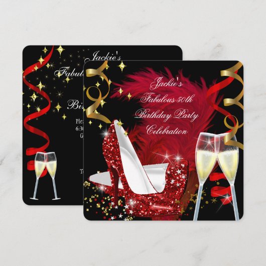 50歳の誕生日 赤いグリッター ハイヒール パーティー 招待状 (正面/裏面)