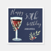50歳の誕生日 赤ワイン ローズ 水彩 ネイビーブルー スタンダードカクテルナプキン (正面)