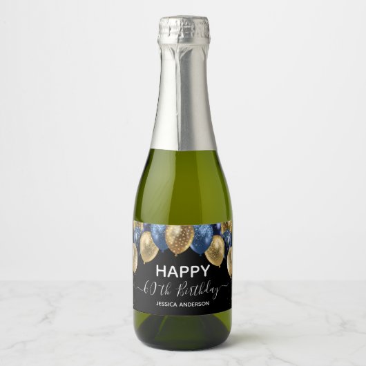 50歳の誕生日 青と金の風船 輝くワインラベル スパークリングワインラベル (正面)
