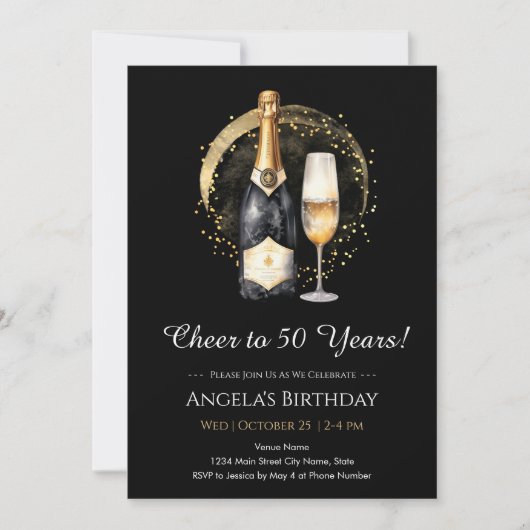 50歳の誕生日 黒と金のワイン 誘 invitation 招待状 (正面)