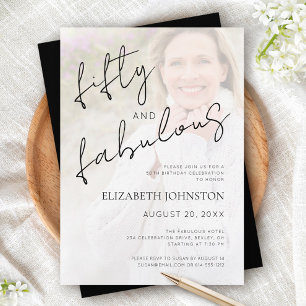 50歳の誕生日 黒白 ミニマル フォト 50 and Fabulous 招待状