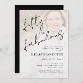 50歳の誕生日 黒白 ミニマル フォト 50 and Fabulous 招待状