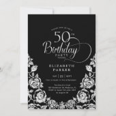 50歳の誕生日 黒 銀のバラ 招待状 (正面)