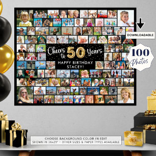 50歳の誕生日 100枚の写真 黒と金 おめでとう ポスター