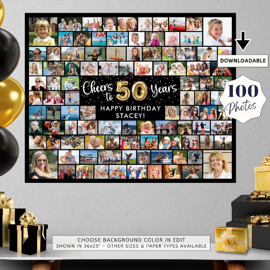 50歳の誕生日 100枚の写真 黒と金 おめでとう ポスター