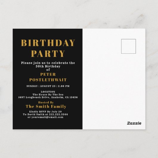 50歳の誕生日 1974 ブラック ゴールド ご招待状 ポストカード (裏面)