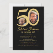 50歳の誕生日 2枚の写真 ブラック ゴールド 誕生日パーティー 招待状 (正面)