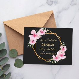50歳の誕生日Save the Date tropical black金ゴールド ポストカード