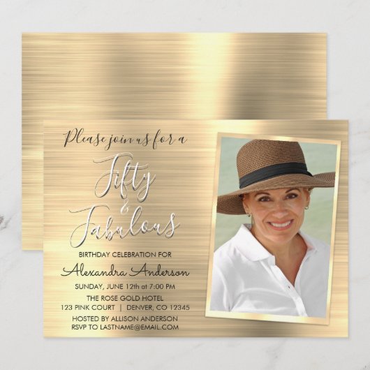 50歳の輝きを添えたエレガントなゴールド写真 招待状 (正面/裏面)