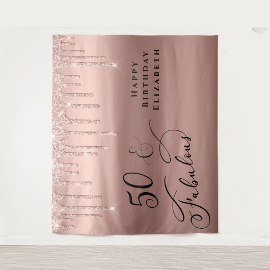 50歳の輝くローズゴールドグリッターバーサデーパーティー タペストリー (正面)