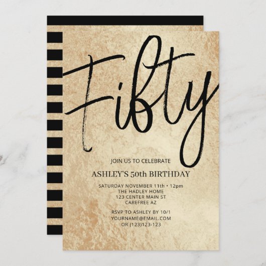 50歳の金ゴールドとブラック50歳の誕生日パーティーへの招待 招待状 (正面/裏面)