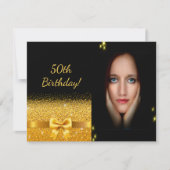 50歳エレガントの誕生日の招待状ブラック金ゴールド写真 招待状 (正面)