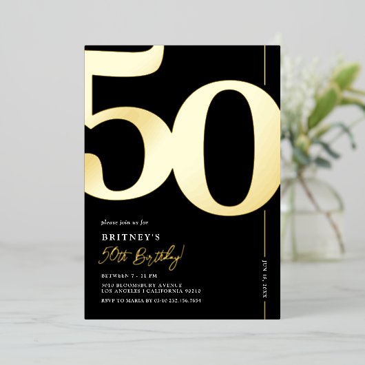50歳エレガントの誕生日パーティー 箔招待状 (立ち正面)
