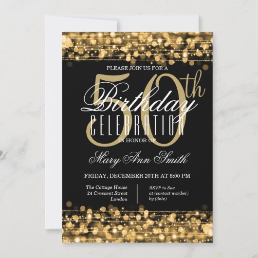 50歳エレガント誕生パーティーが金ゴールドと黒を輝かせる 招待状 (正面)