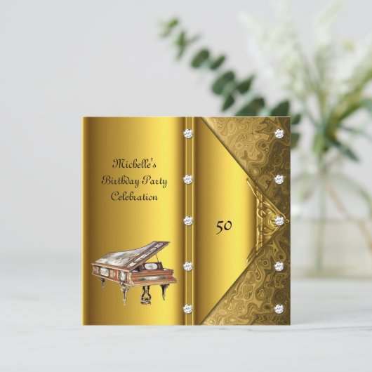 50歳エレガント誕生日パーティーピアノヴィンテージ 招待状 (スタンド正面)