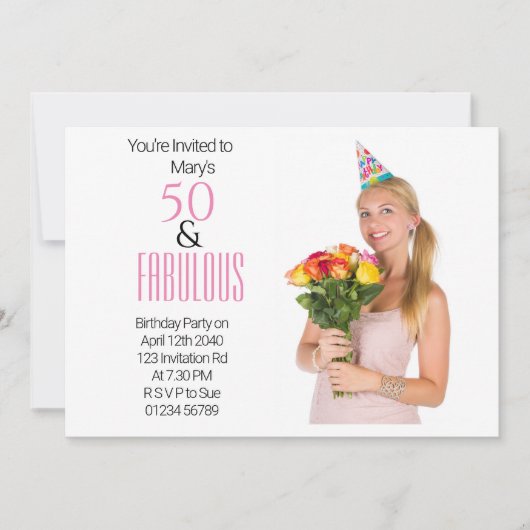 50歳エレガント誕生日パーティーピンクドットブラックテーマ 招待状 (正面)