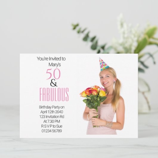 50歳エレガント誕生日パーティーピンクドットブラックテーマ 招待状 (スタンド正面)