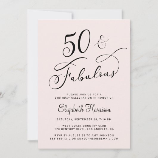 50歳エレガント誕生日パーティーピンク 招待状 (正面)