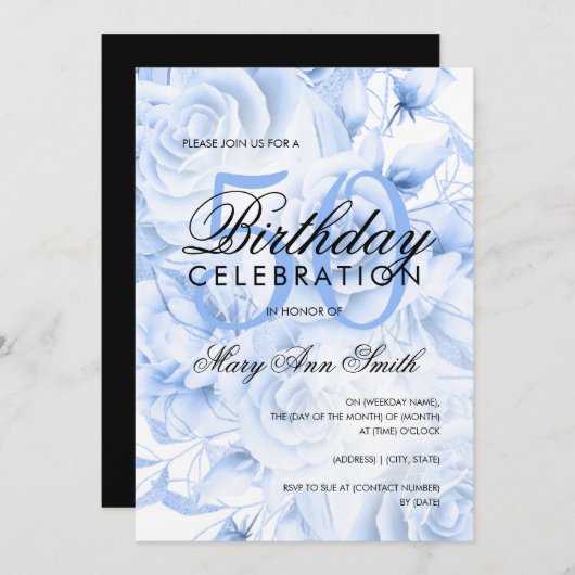 50歳エレガント誕生日パーティーフローラネイビーホワイト 招待状 (正面/裏面)