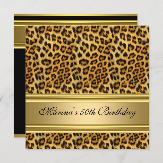 50歳エレガント誕生日パーティーブラック金ゴールドチータ 招待状 (正面/裏面)