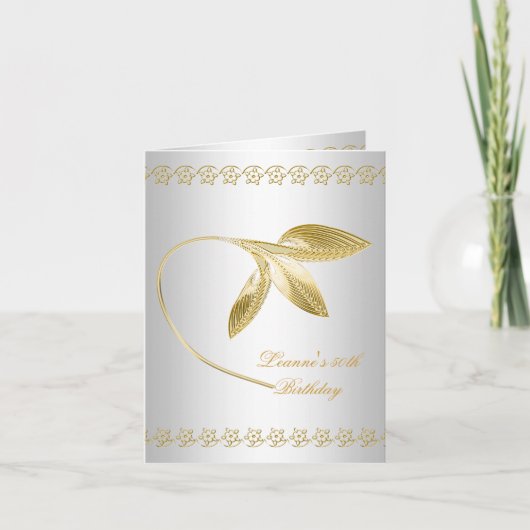 50歳エレガント誕生日パーティーホワイト金ゴールドフローラ 招待状 (正面)